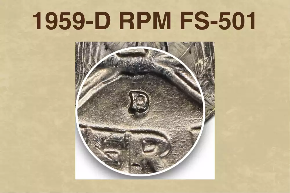 1959-D quarter RPM FS-501 close-up showing repunched D mint mark doubling on the reverse