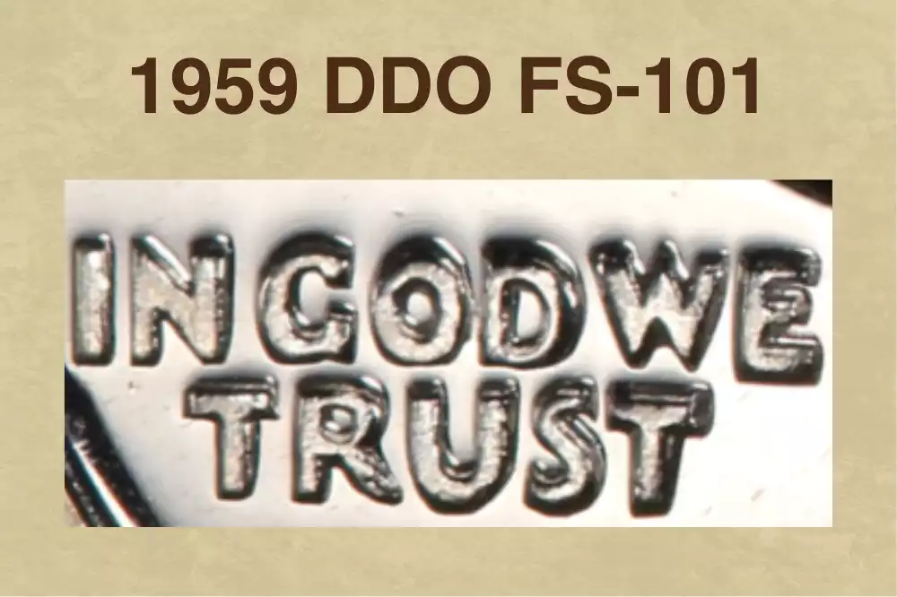 1959 quarter DDO FS-101 proof coin showing doubled die obverse doubling on IN GOD WE TRUST motto