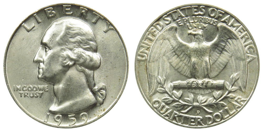 Group of 1959 Washington quarters showing various grades from circulated to uncirculated specimens