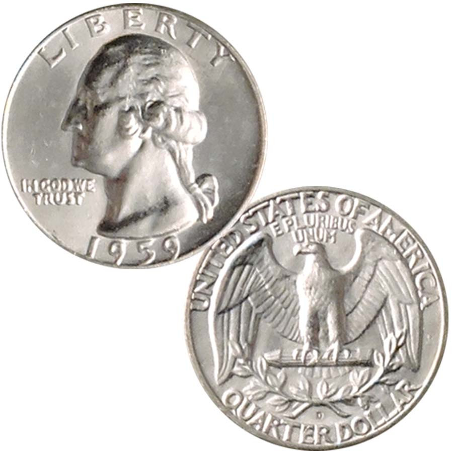 1959 Washington Quarter grading strip showing four condition tiers: worn, circulated, uncirculated, and gem mint state
